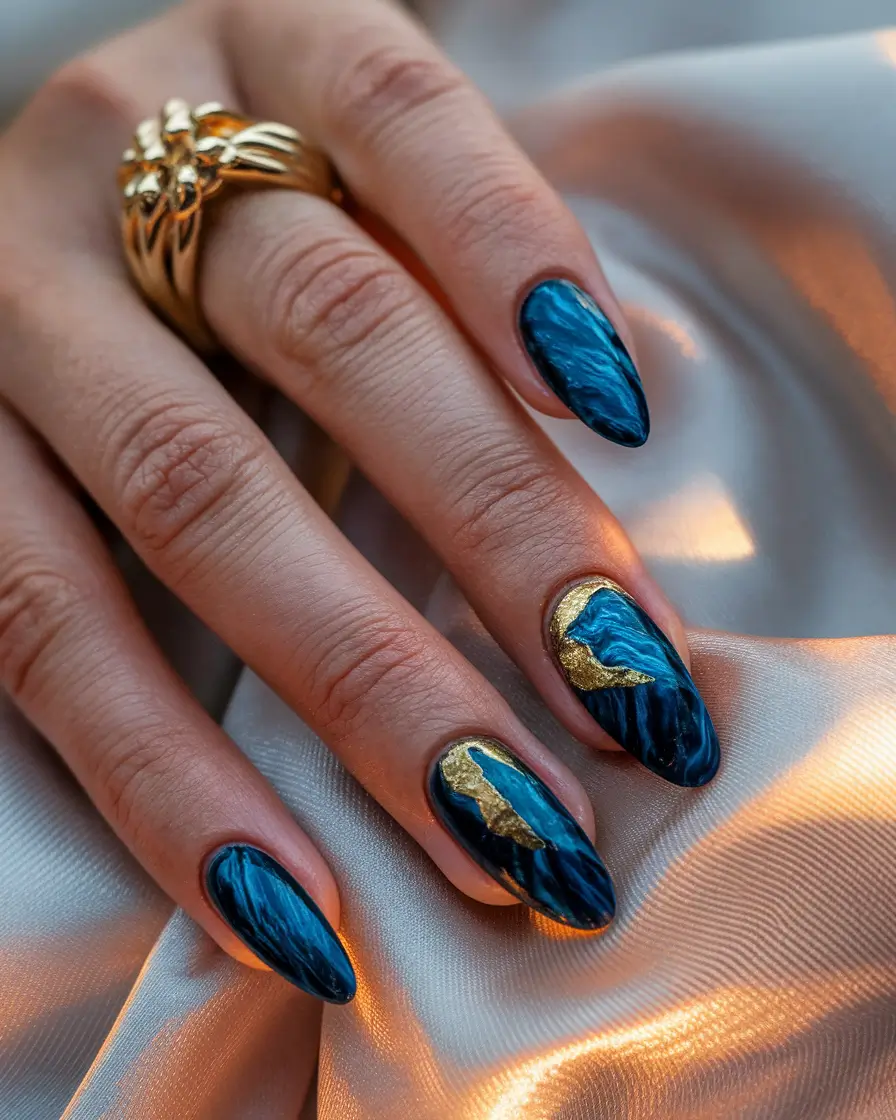 fall manicure Ocean Marble with Gold