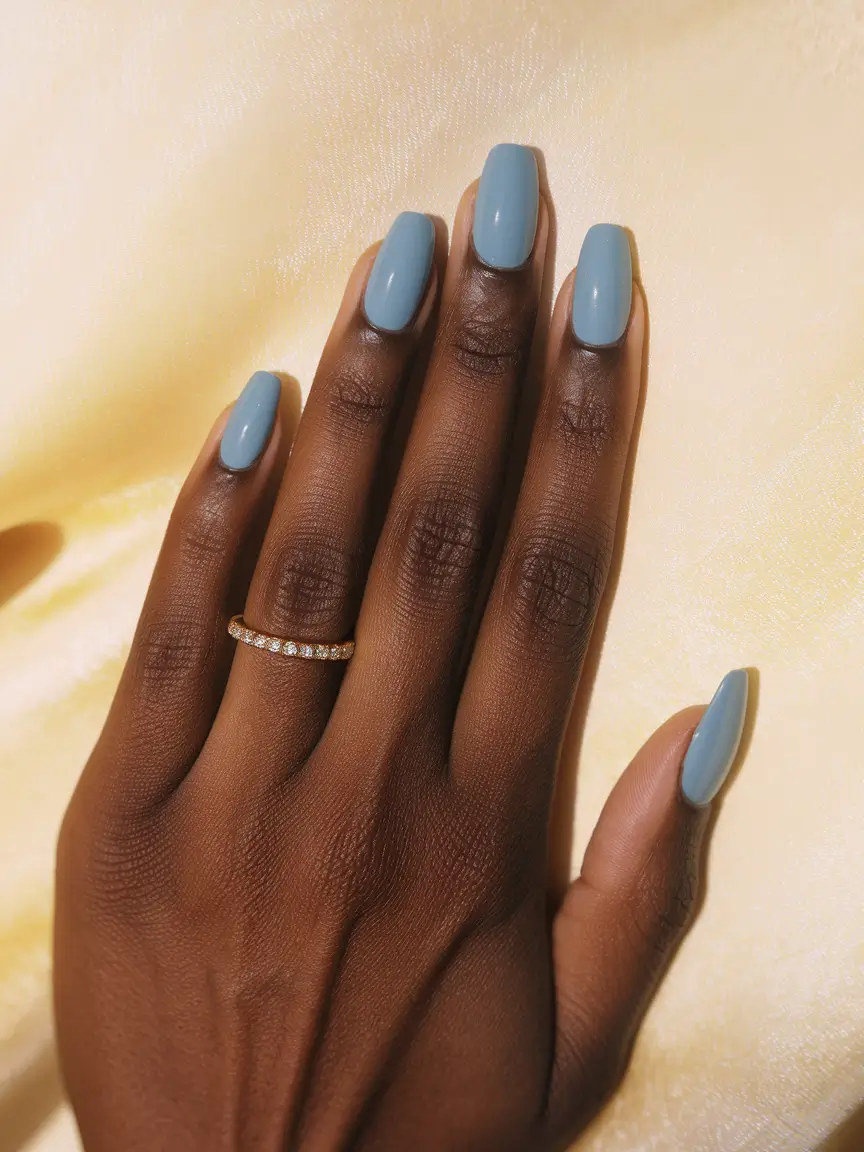 fall nail colors for brown skin Muted Blue Elegance with a Soft Square Edge
