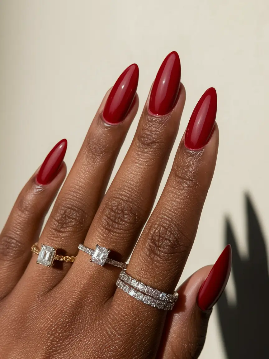 fall nail colors for brown skin Cherry Red Power Almonds