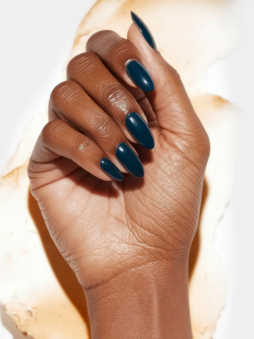 fall nail colors for brown skin almond Deep Teal Drama with an Almond Touch