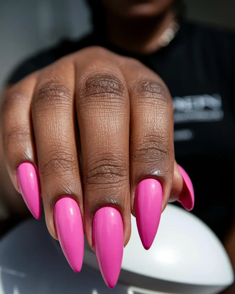fall nail colors for brown skin Glossy Hot Pink Almond Drama