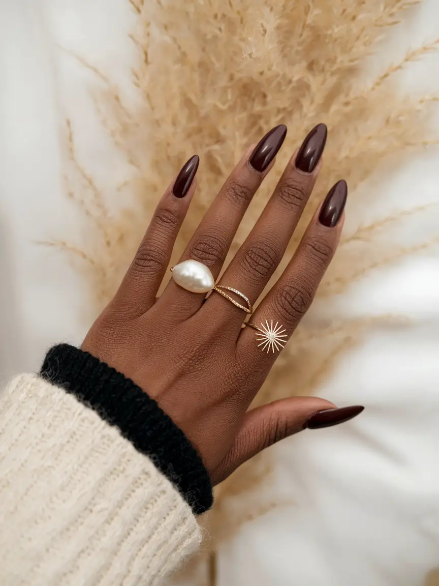 fall nail colors for brown skin Deep Burgundy Drama in an Almond Silhouette