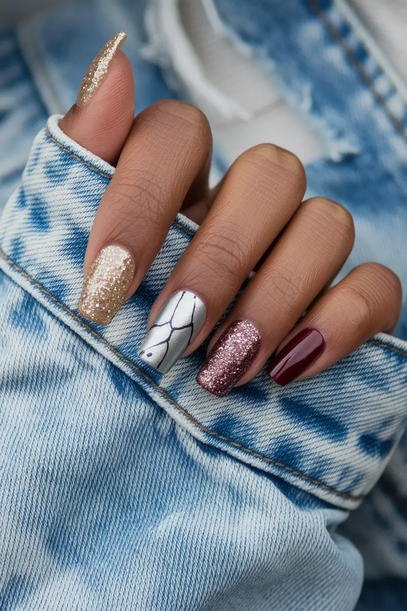 fall nail colors for brown skin Mixed Metal Magic with Glitter, Chrome, and Wine