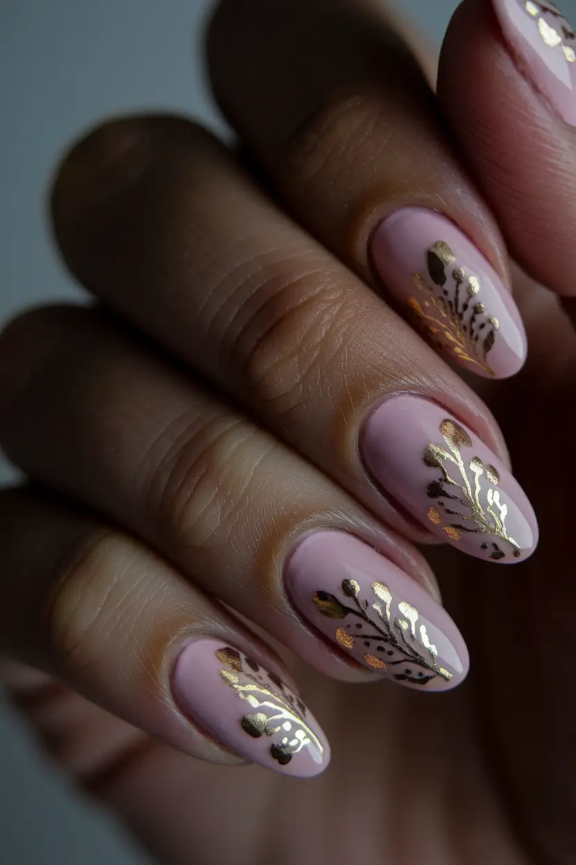 fall nail colors dark skin Soft Blush With Golden Botanicals