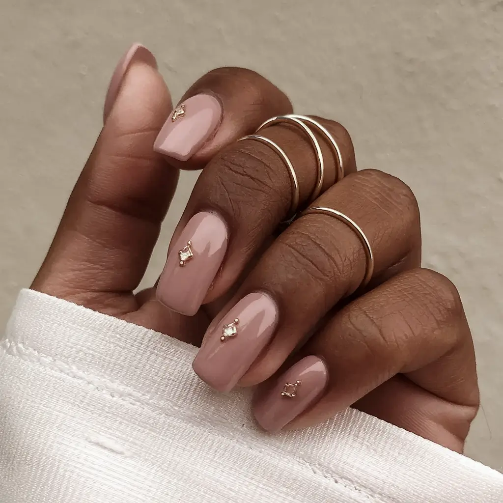 fall nail colors dark skin Soft Nude With Diamond Studs