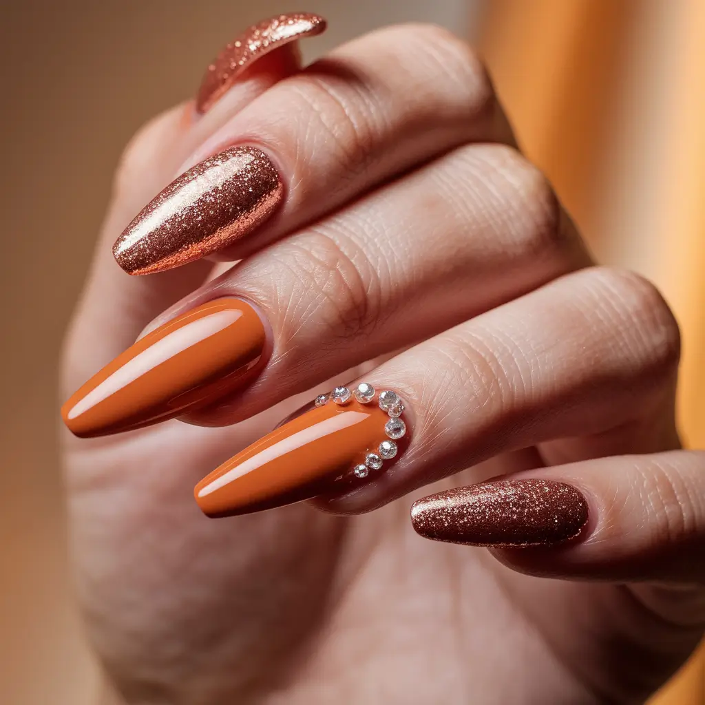 fall nail colors medium skin Burnt Orange with Rose Gold Sparkle