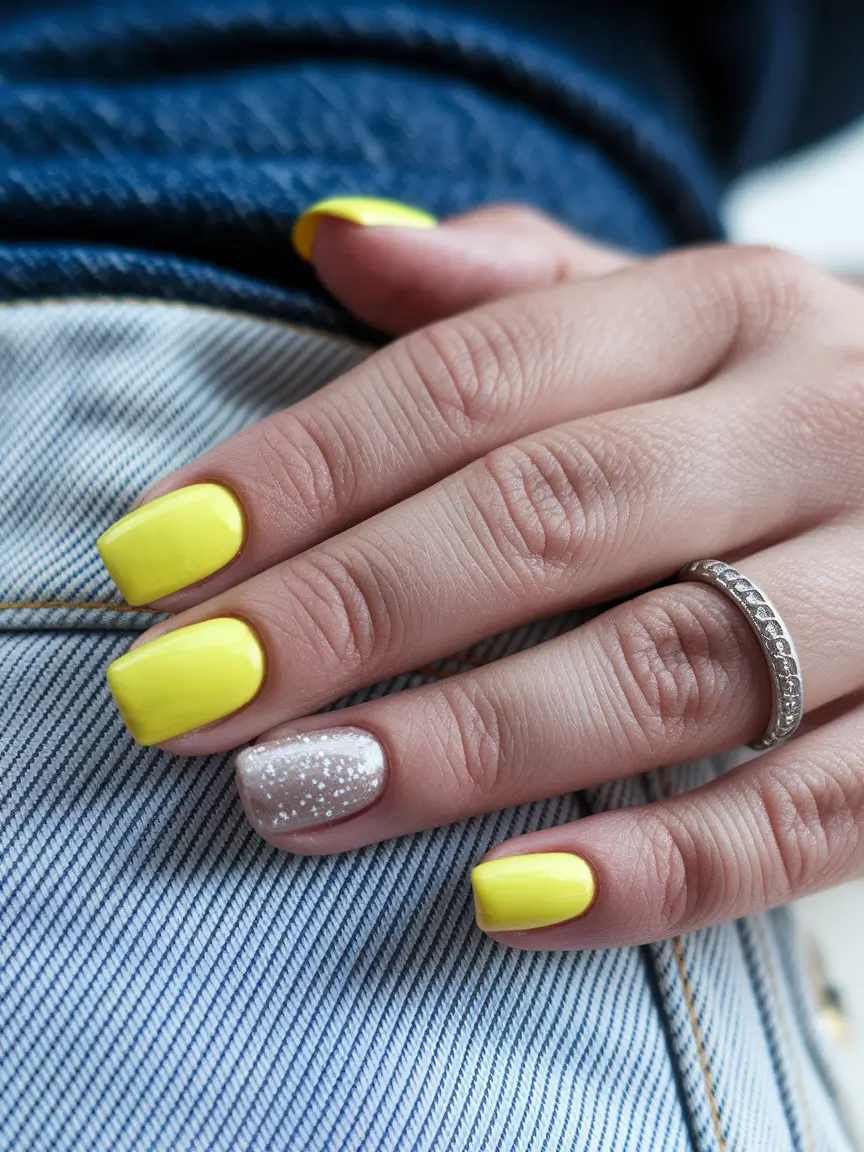 fall nail colors medium skin Sunshine Yellow and Glitter Accent for Contrast Play
