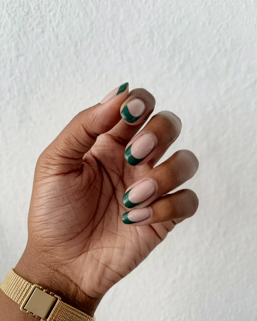 fall nail colors medium skin Reverse French in Forest Green for a Modern Edge