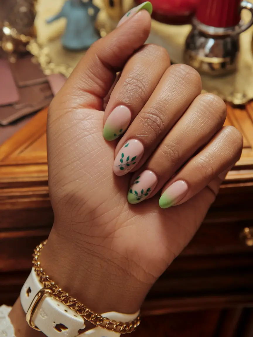 fall nail colors medium skin Mint Green Tips with Leaf Art Design