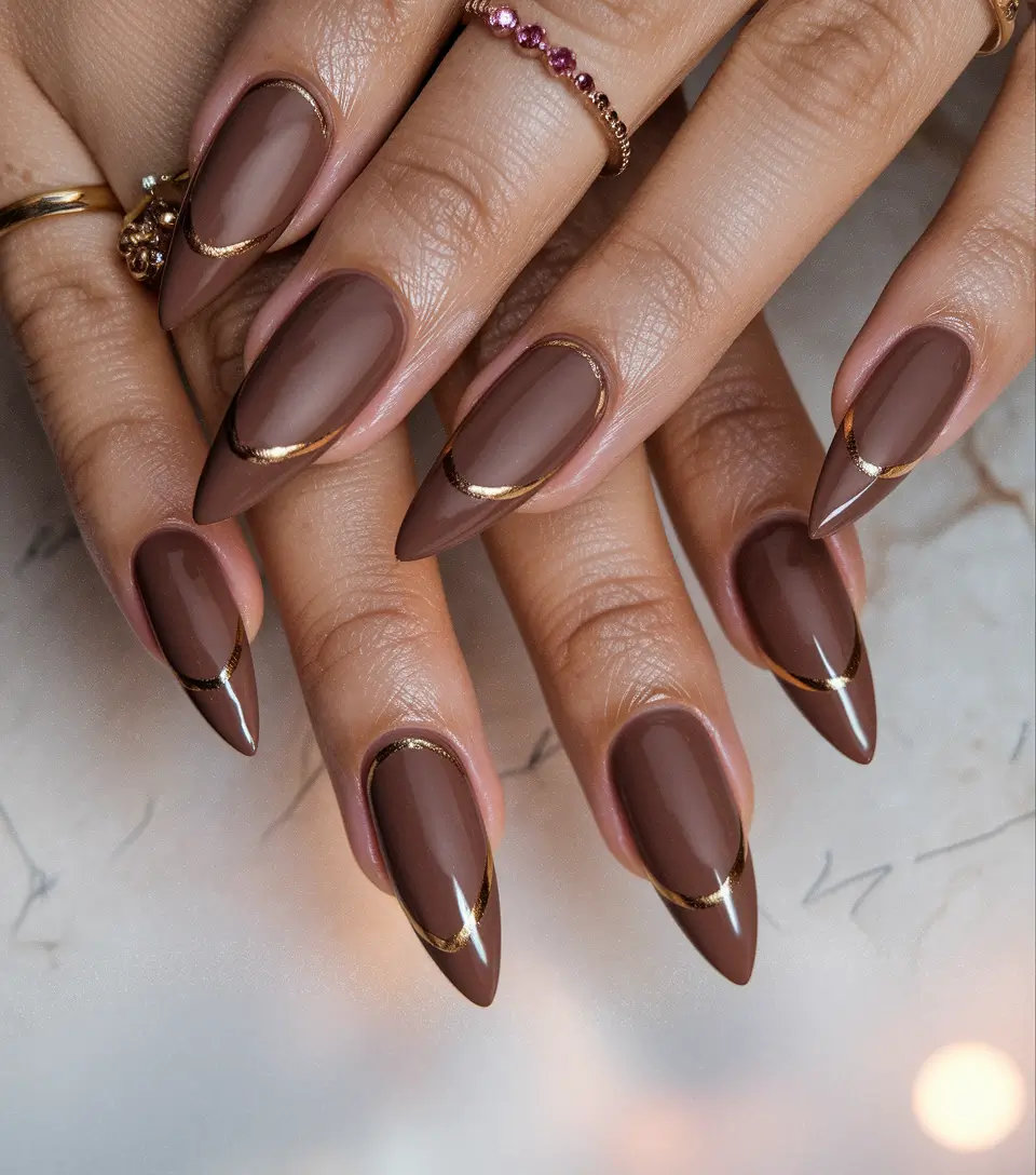 fall nail colors medium skin Chocolate Mocha with Gold French Luxe