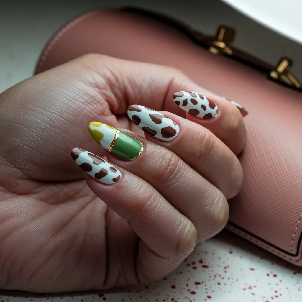 fall nail colors medium skin Cow Print and Olive Mix for a Bold Eclectic Look