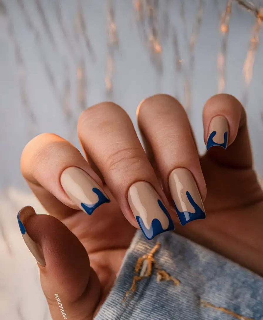 fall nail colors medium skin Muted Beige with Electric Blue Drip Tips