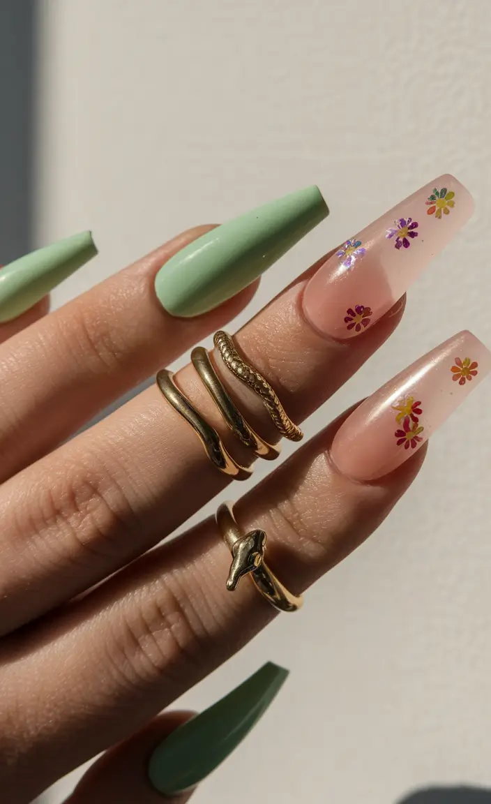 fall nail colors medium skin Matte Mint and Dried Flower Acrylic Combo