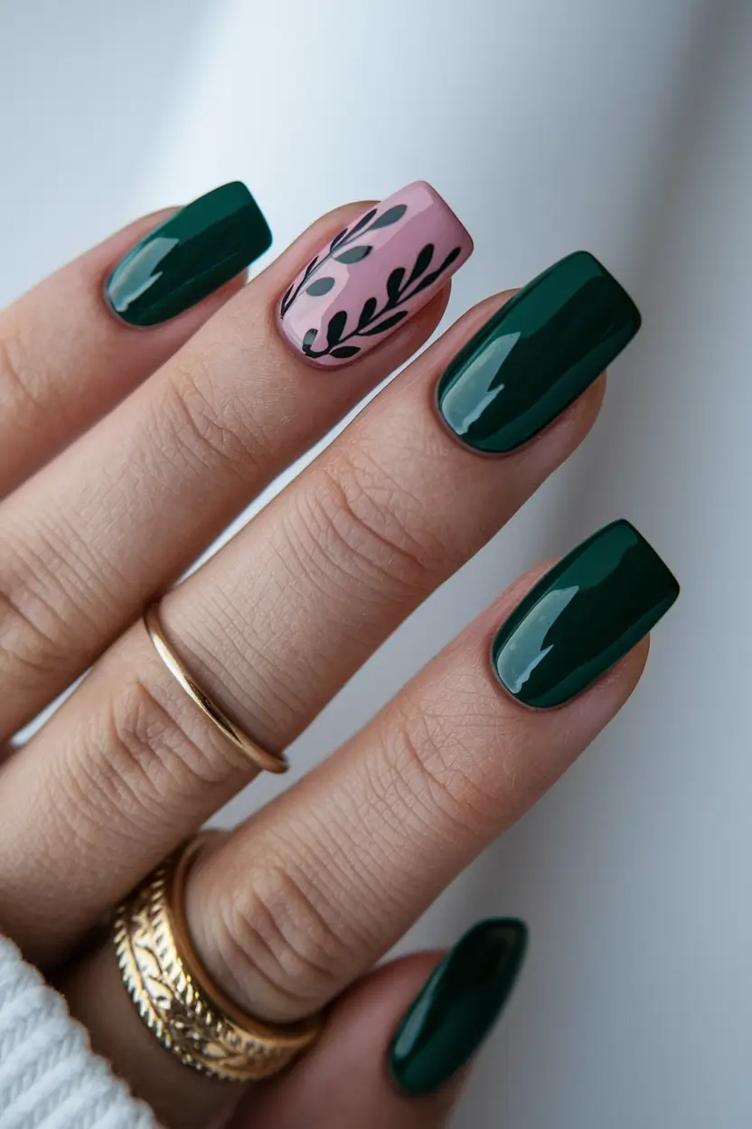 fall nail colors medium skin Deep Forest Green with Mauve Accent Art