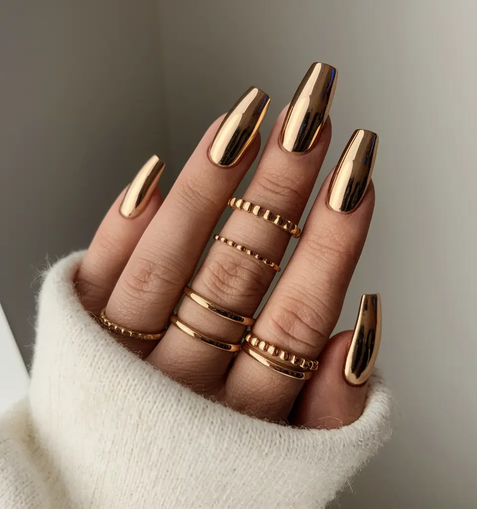 fall nail colors medium skin Gold Chrome Shine for Luxe Autumn Vibes