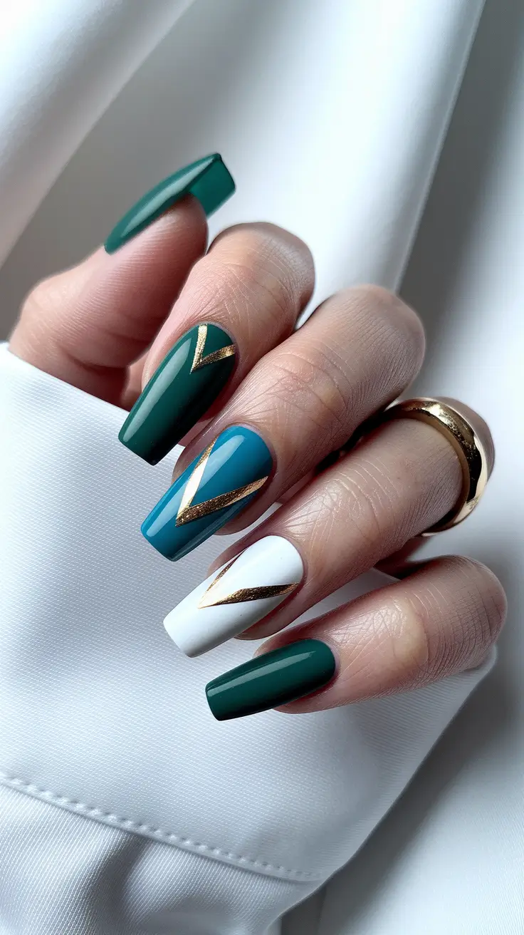 fall inspo nails 2025 emerald luxe geometry