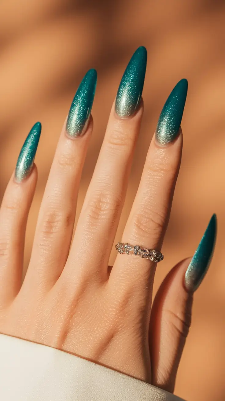 fall ombre nails ideas autumn colors Emerald Fade with Metallic Sparkle