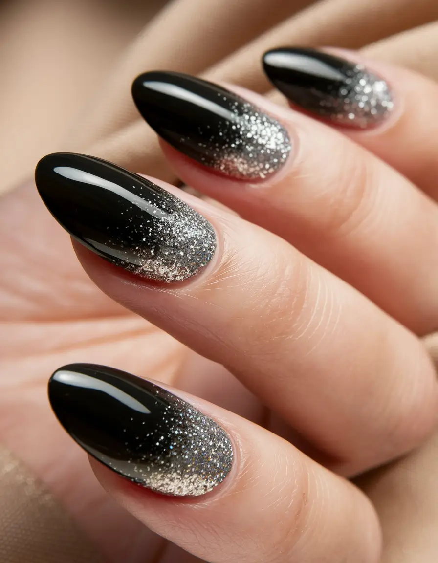 fall ombre nails ideas short Black and Silver Glitter Fade