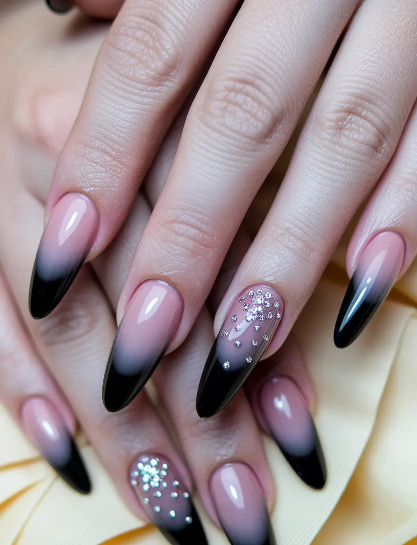 fall ombre nails ideas short Black Fade with Crystal Accents