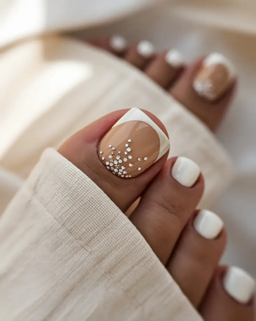 fall toe nails 2025 Crystal-Edged Neutrals with French Precision