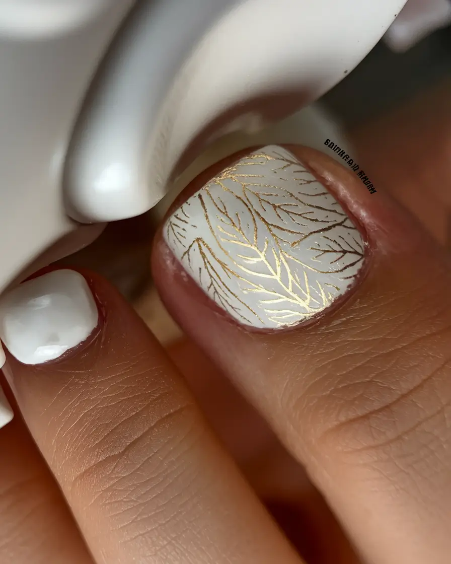 fall toe nails 2025 Golden Fern Impressions on Matte White