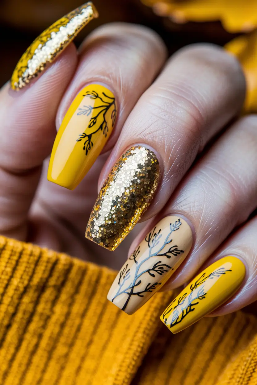 popular fall nail colors 2025 Golden Autumn Leaves