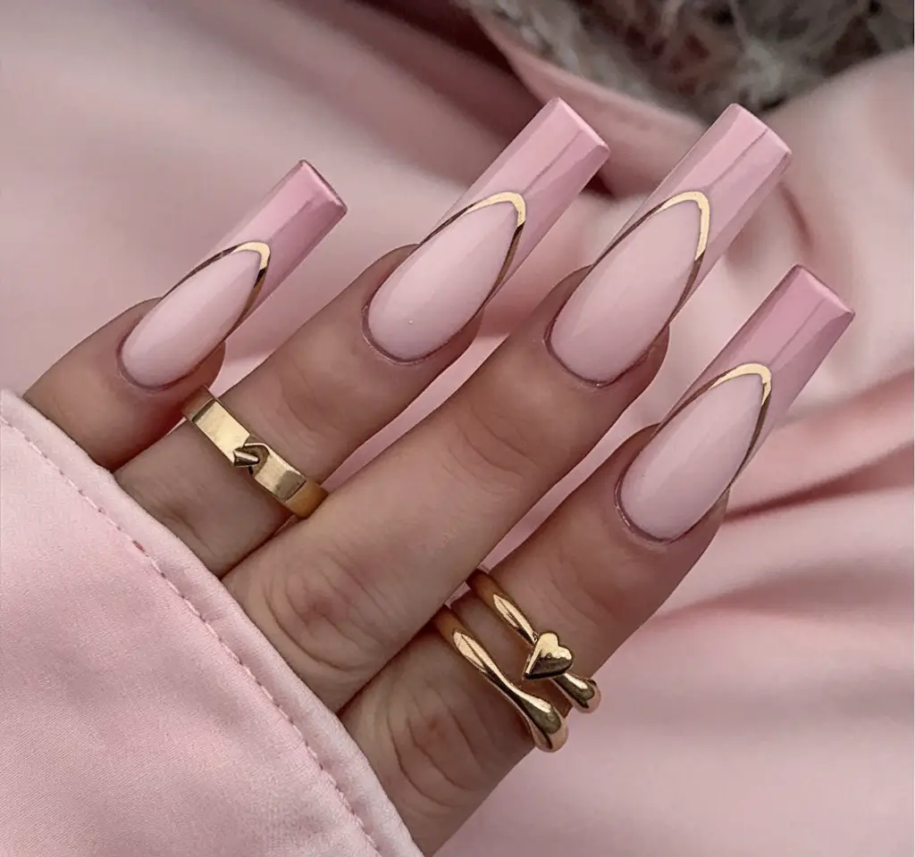 popular fall nail colors 2025 Minimalist Pink with Golden Outlines