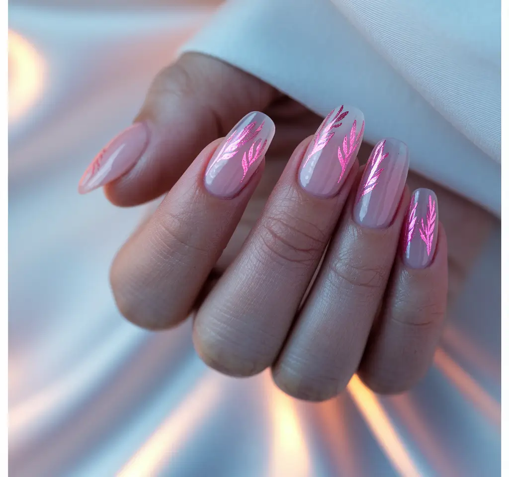 popular fall nail colors 2025 Soft Neutrals with Neon Pink Accents