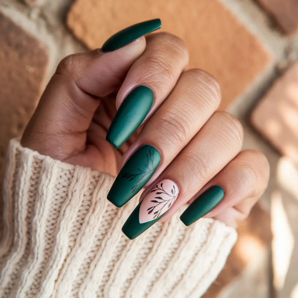popular fall nail colors 2025 Matte Evergreen with Neutral Accent