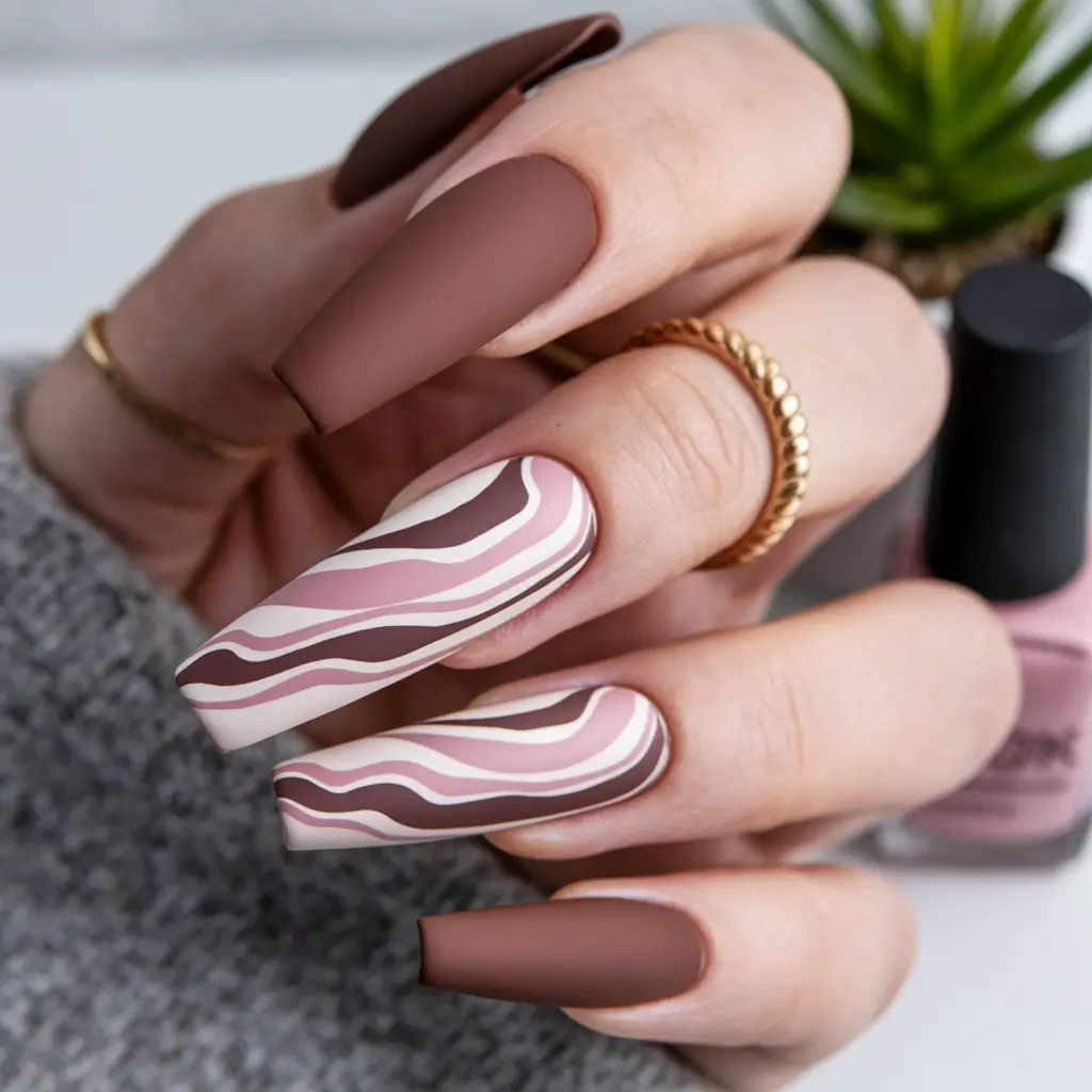 popular fall nail colors 2025 Matte Cocoa with Retro Swirls