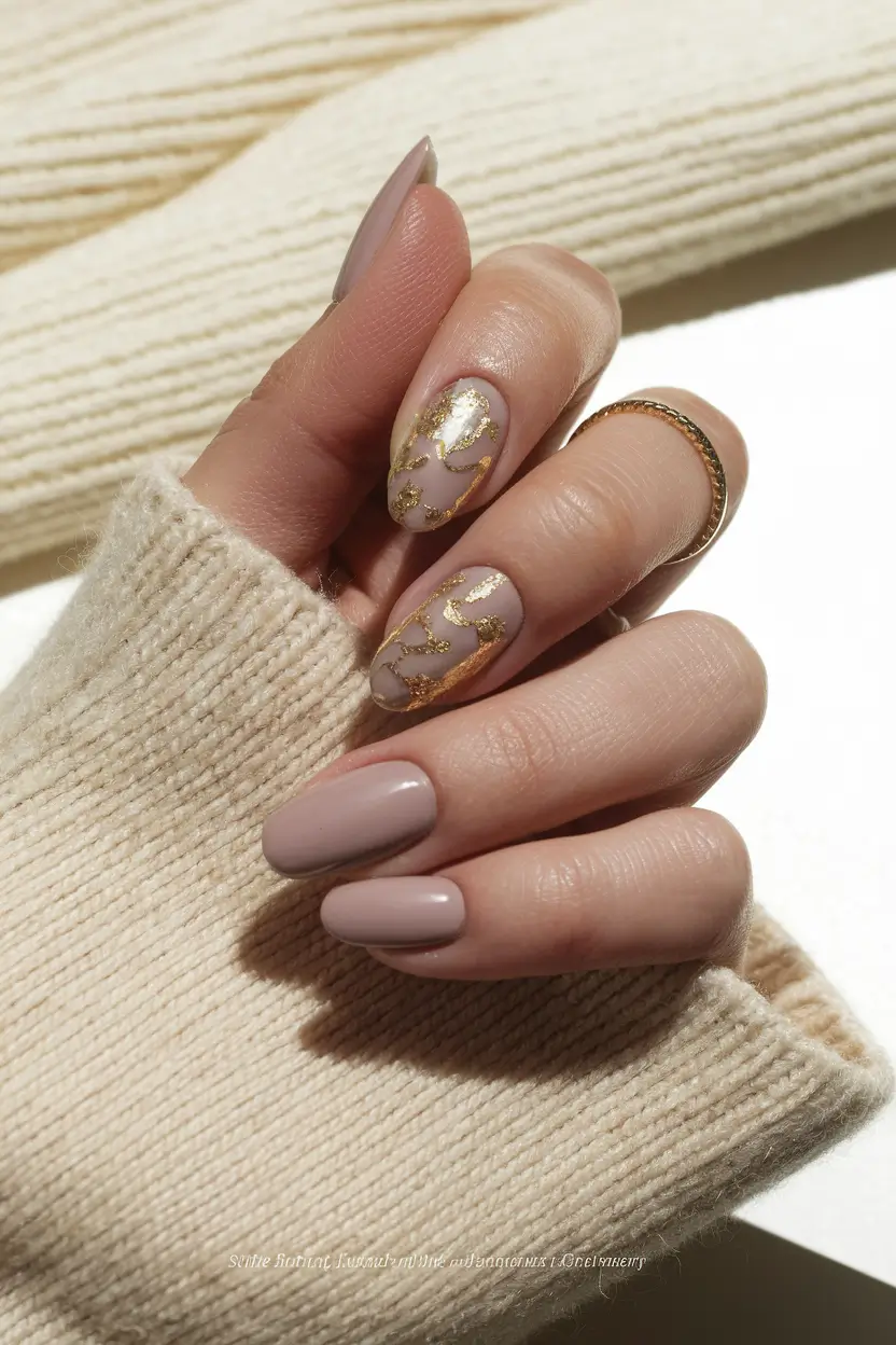 popular fall nail colors 2025 Elegant Nude with Gold Foil