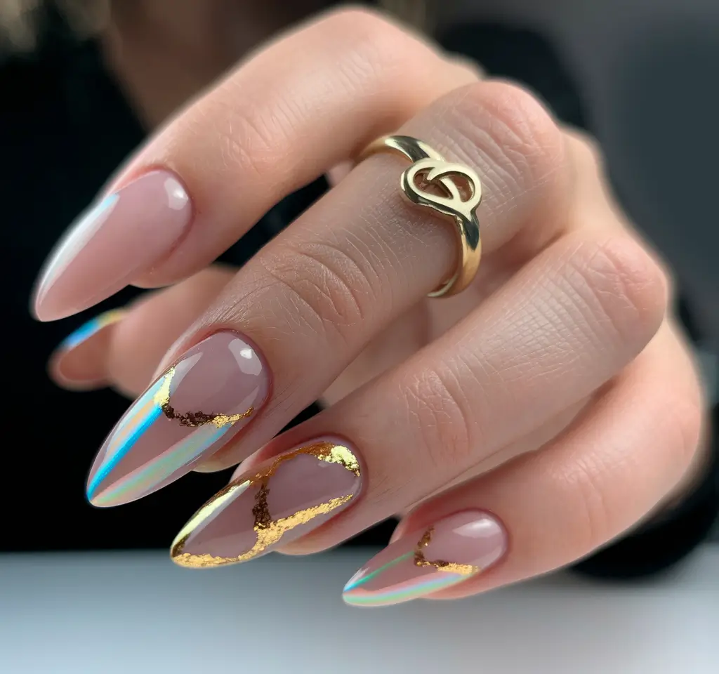 popular fall nail colors 2025 Iridescent Chrome with Gold Accents