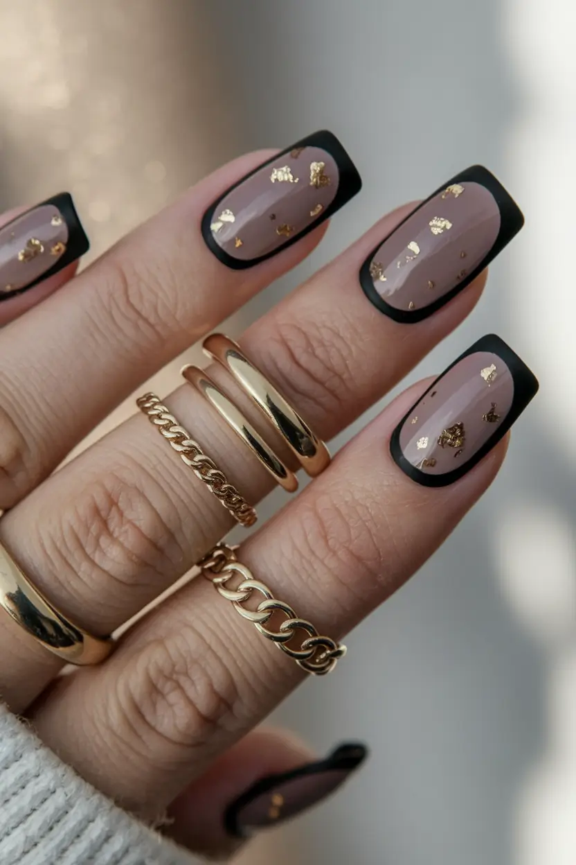 fall nail trends 2025 square Modern French with Golden Accents