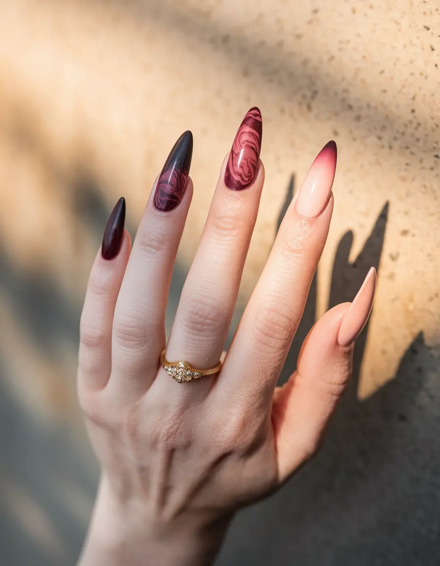 fall nail trends 2025 almond Wine Marble and Ombre Blend