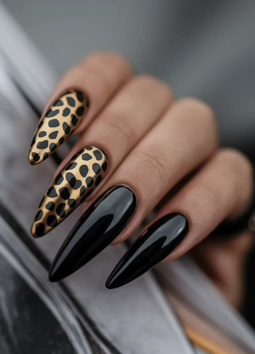 fall nail trends coffin Golden Leopard with Glossy Black