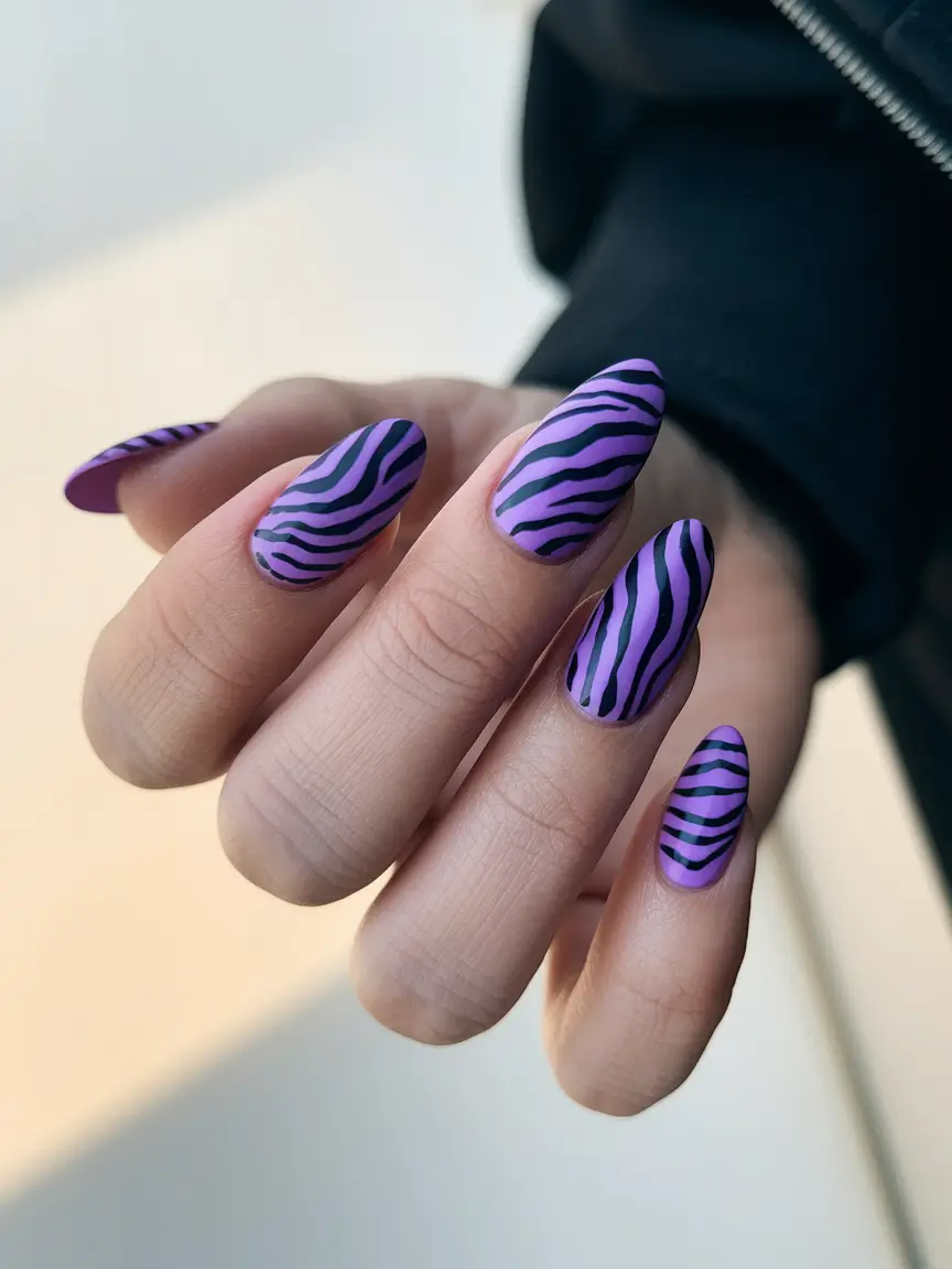 fall nail trends 2025 oval Electric Violet Zebra