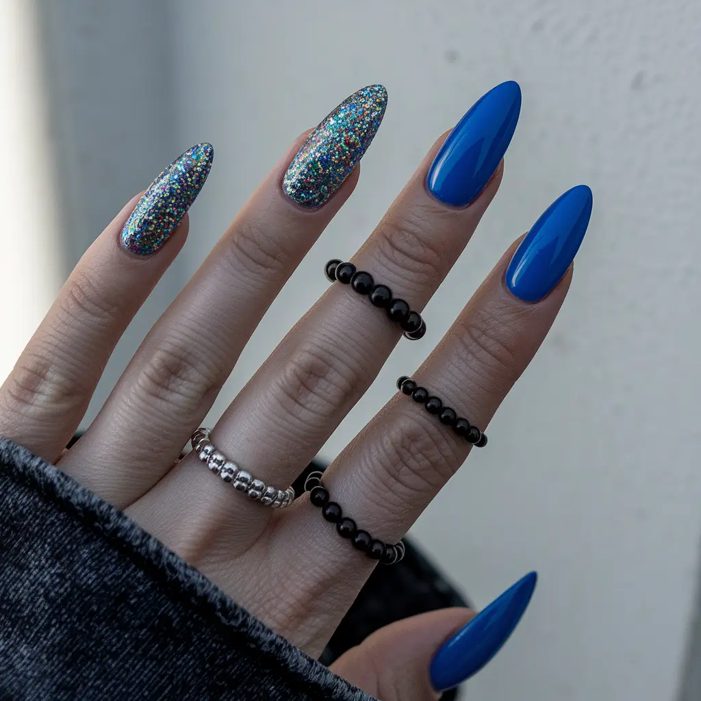 navy blue fall nails Glitter Meets Bold Blue