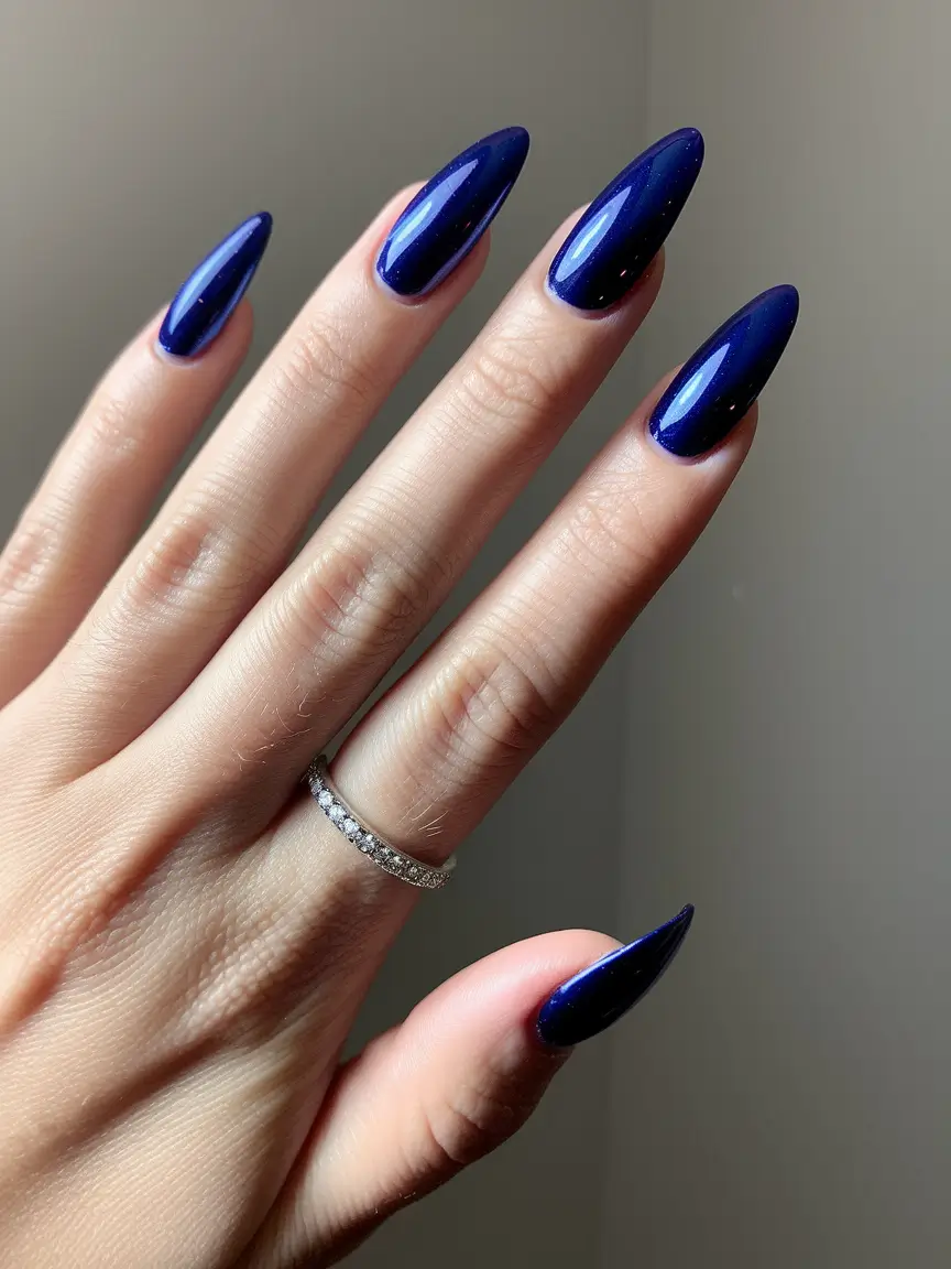 navy blue fall nails Almond Midnight Shine