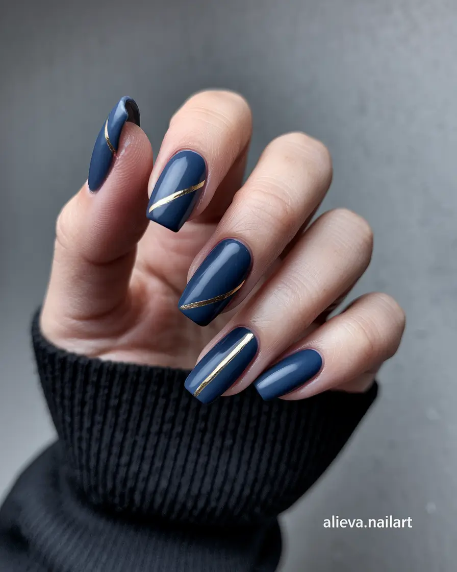 navy blue fall nails Sleek Gold-Lined Drama