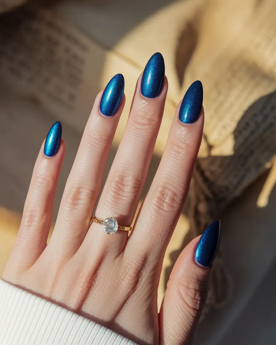 navy blue fall nails Shimmering Almond Glow
