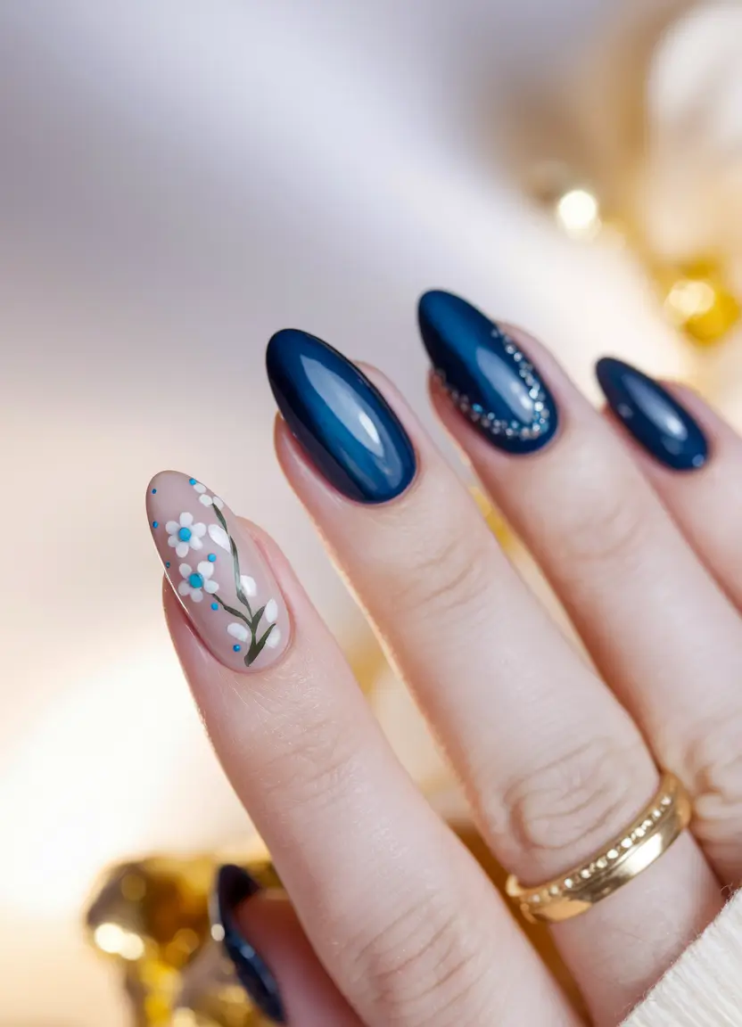 navy blue fall nails Floral Accent Romance