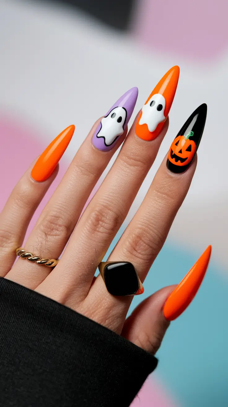 Stylish Autumn Nail Designs 2025 – Playful Halloween Icons in Neon Orange