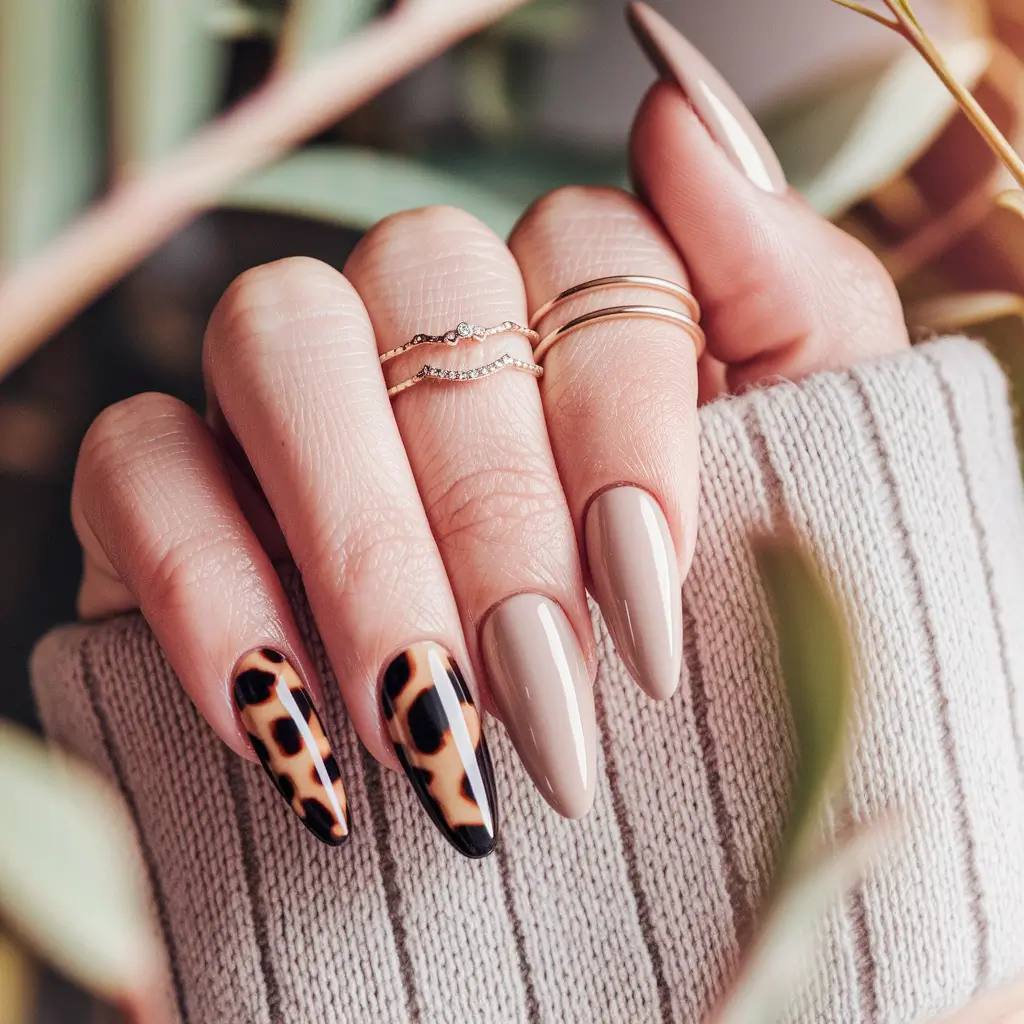Stylish Autumn Nail Designs 2025 – Taupe Almond with Leopard Accents