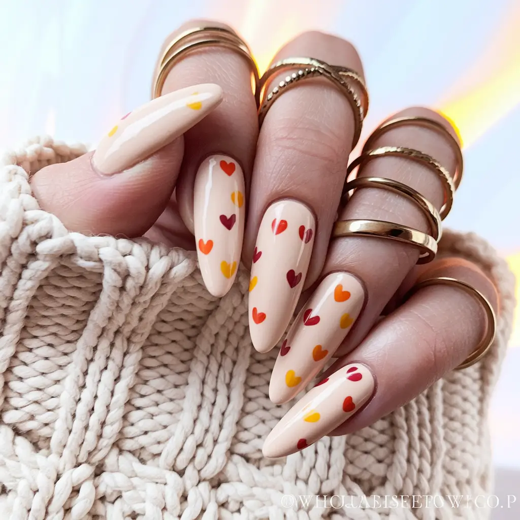 Stylish Autumn Nail Designs 2025 – Falling Hearts Confetti (Almond)