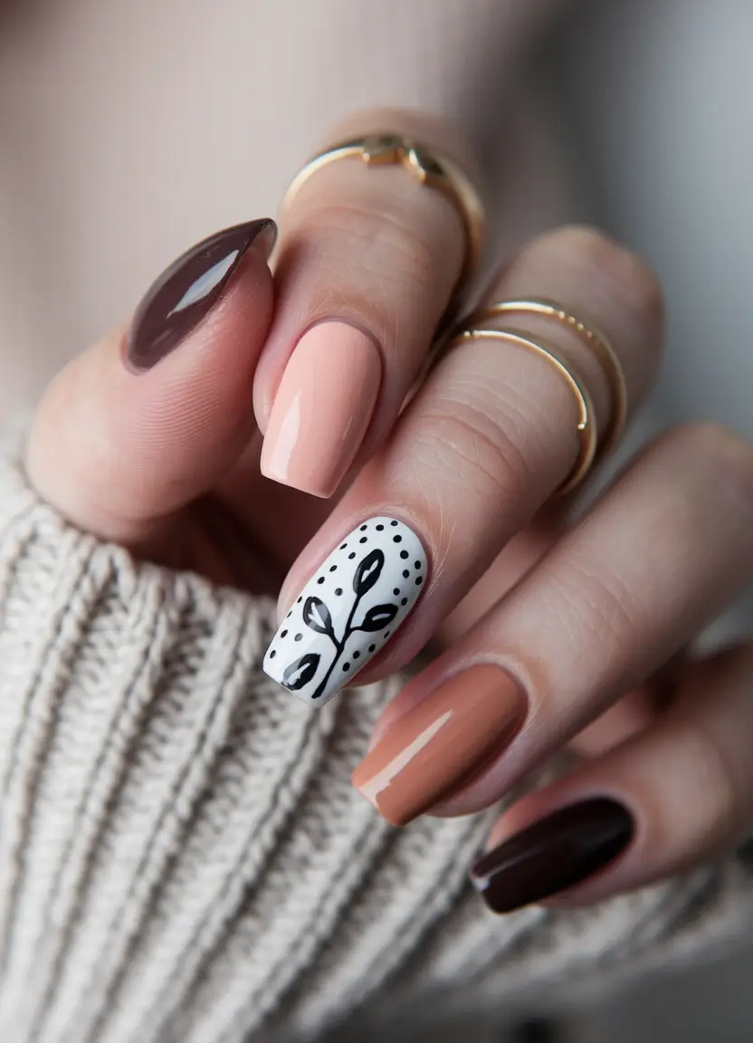 Stylish Autumn Nail Designs 2025 – Minimal Botanical Mix on Soft Square