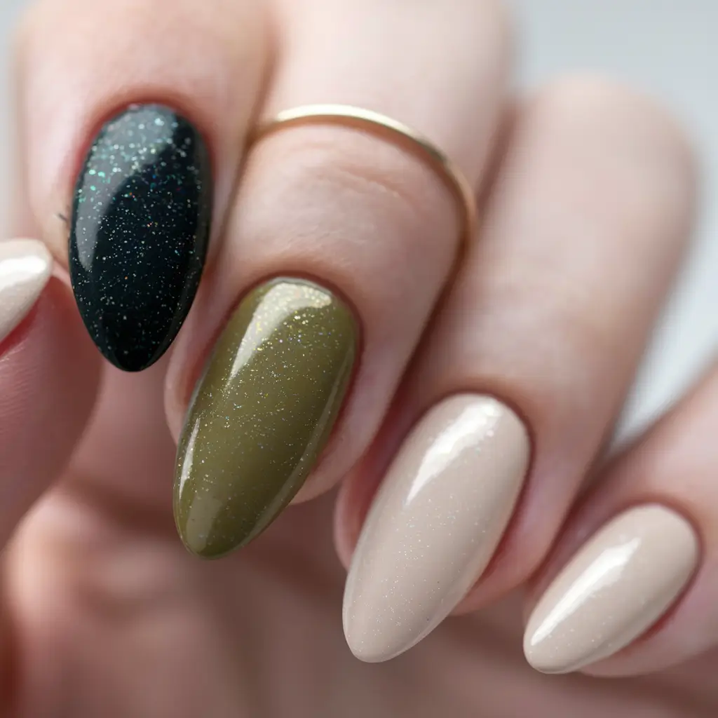 Stylish Autumn Nail Designs 2025 – Smoky Olive & Sand Sparkle (Oval)