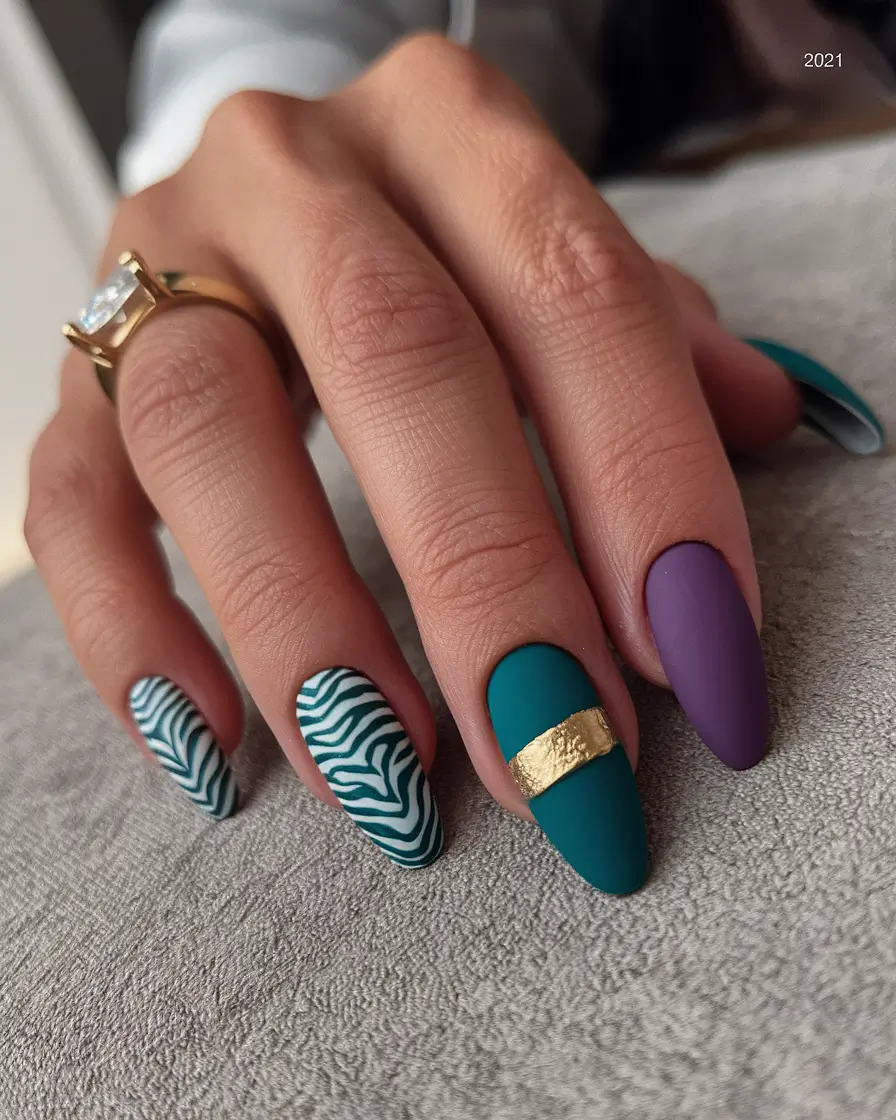 Stylish Autumn Nail Designs 2025 – Teal & Plum Matte with Zebra and Gold