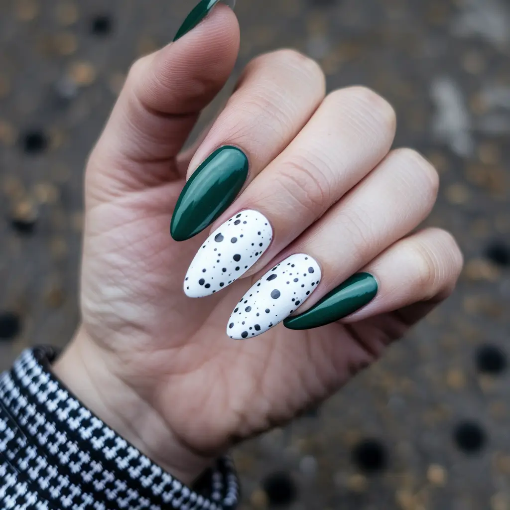 Stylish Autumn Nail Designs 2025 – Forest Gloss with Speckled Snow Accents
