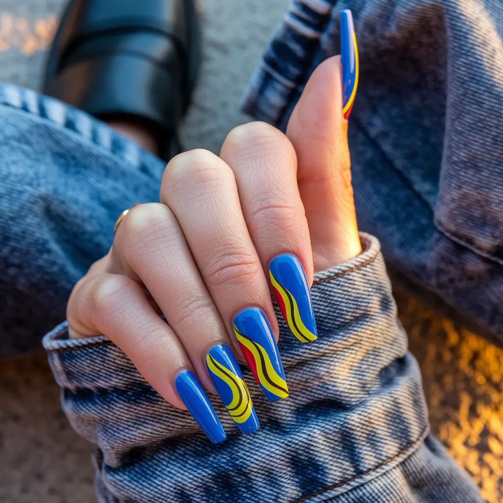 Stylish Autumn Nail Designs 2025 – Electric Waves on Long Coffin