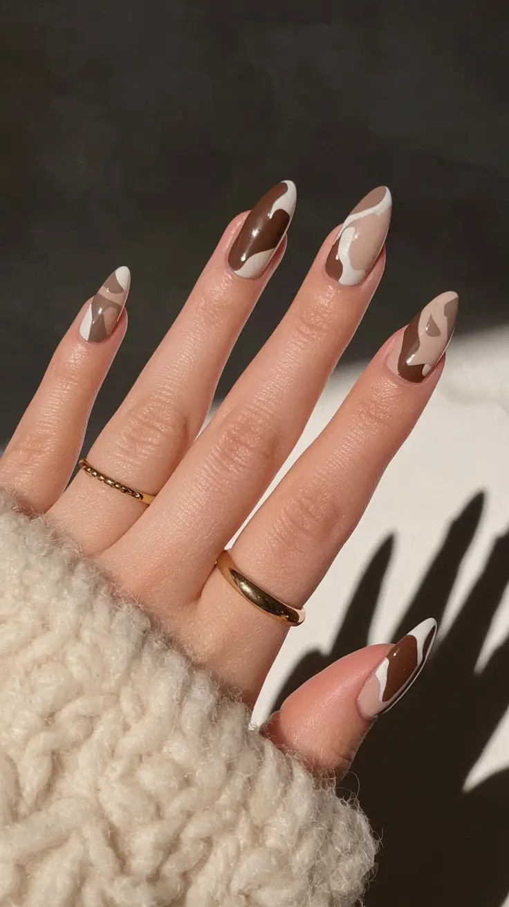 Stylish Autumn Nail Designs 2025 – Latte Swirl Camouflage (Almond)